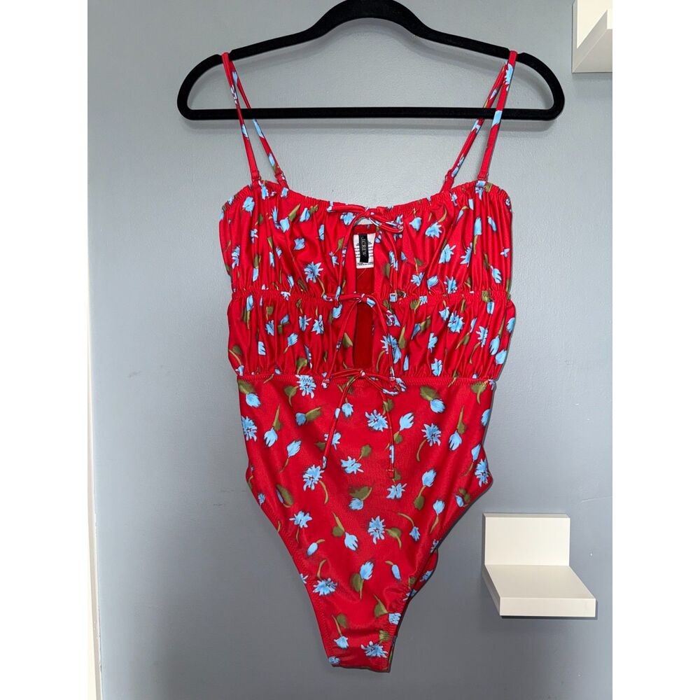 NWT J.Crew Red Ruched Tie Front One Piece Swimsuit in Brushed Daisy | Size 6